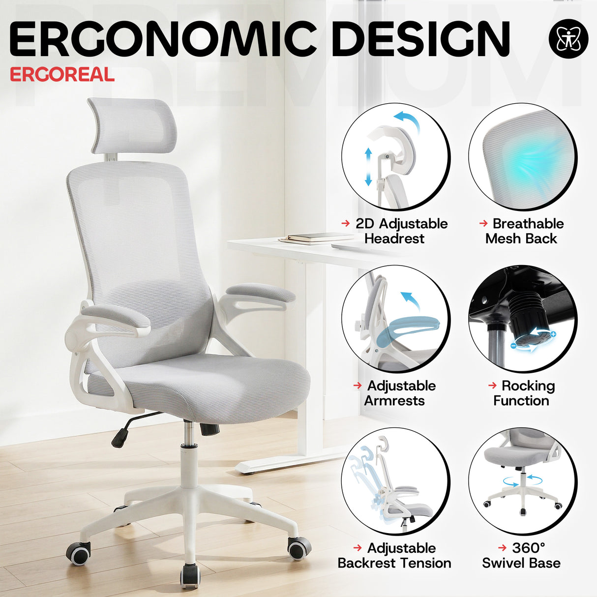 Ergoreal Ergo Pro Ergonomic Office Chair ER-25W06-US Gray