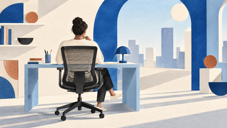 Editorial paper-collage illustration of a person working in a black mesh office chair at a blue desk